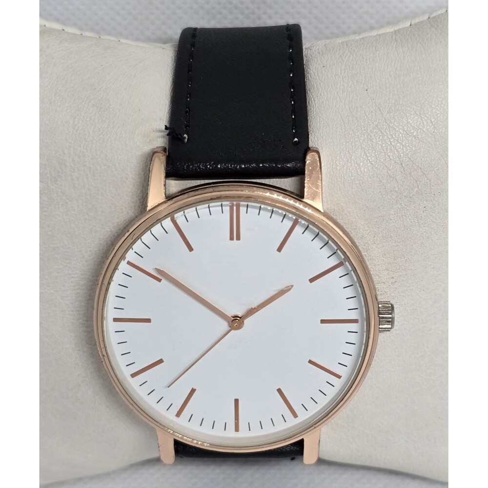 Men's Minimalistic Round White Dial Rose Gold Tone Black Leather Strap Watch 08 - Picture 4 of 8